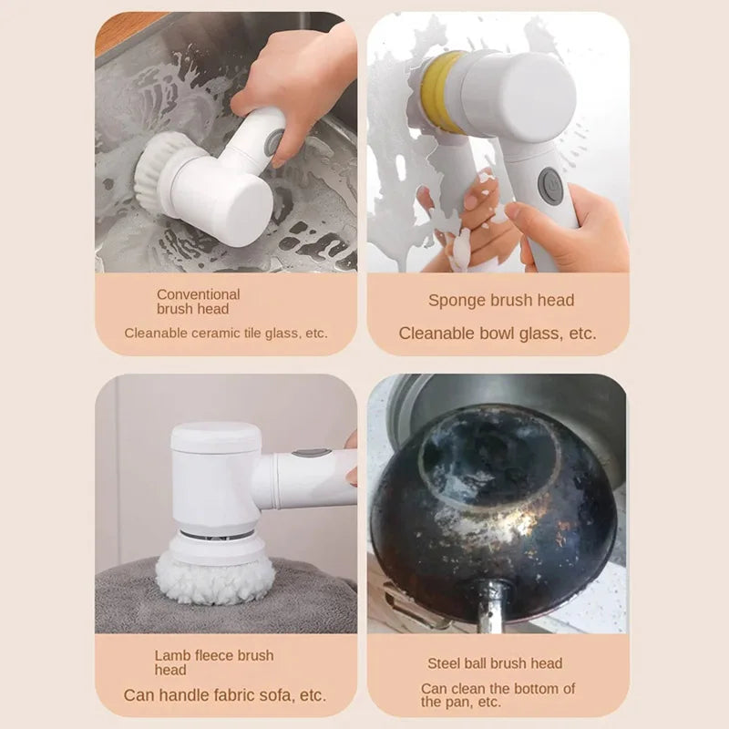 5IN1 Electric Cleaning Brush Electric Spin Cleaning Scrubber Electric Cleaning Tools Parlour Kitchen Bathroom Cleaning Gadgets